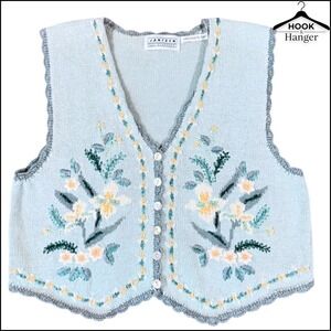 Jantzen Vintage Sweater Vest M L Blue Floral Hand Embroidered Knit Cottagecore